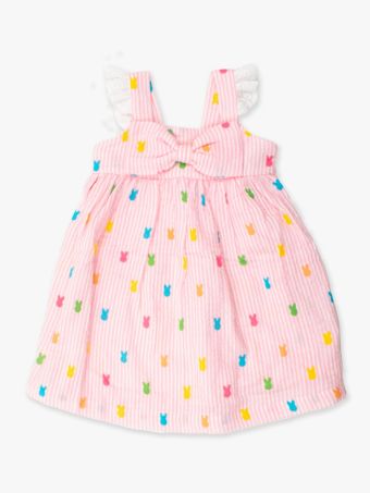 Pink Bunny stripe cotton Gauze Flutter bow dress