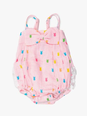 Pink Bunny Stripe Cotton Gauze bow front bubble romper