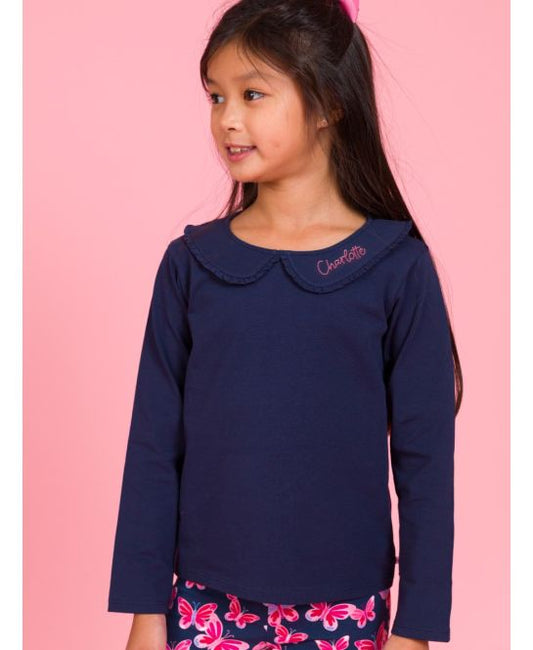 Dark Navy Knit L/S Ruffle Peter Pan Tee