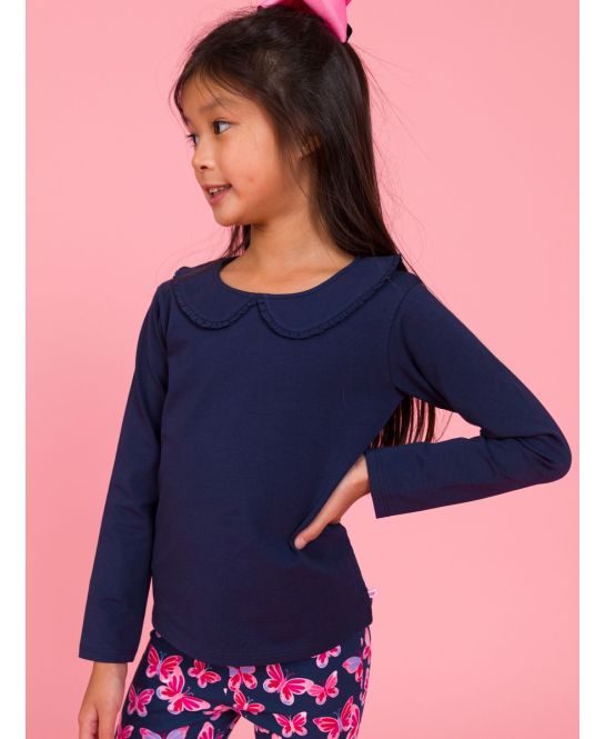 Dark Navy Knit L/S Ruffle Peter Pan Tee