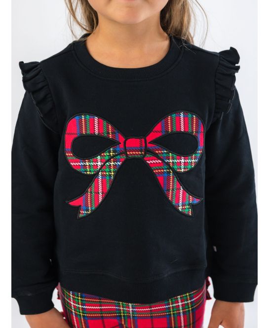 Girls Nicholas Plaid Bow Black Applique Flutter Sweatshirt