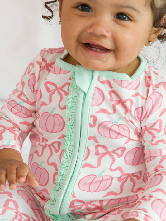 SoftSnooze™ Baby Girls Bamboo Viscose Pink Fairytale Pumpkins Footed Ruffle One Piece Pajama