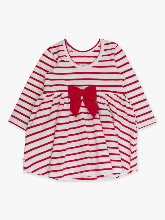 Girls Red & White Stripe Knit Long Sleeve Twirl Dress