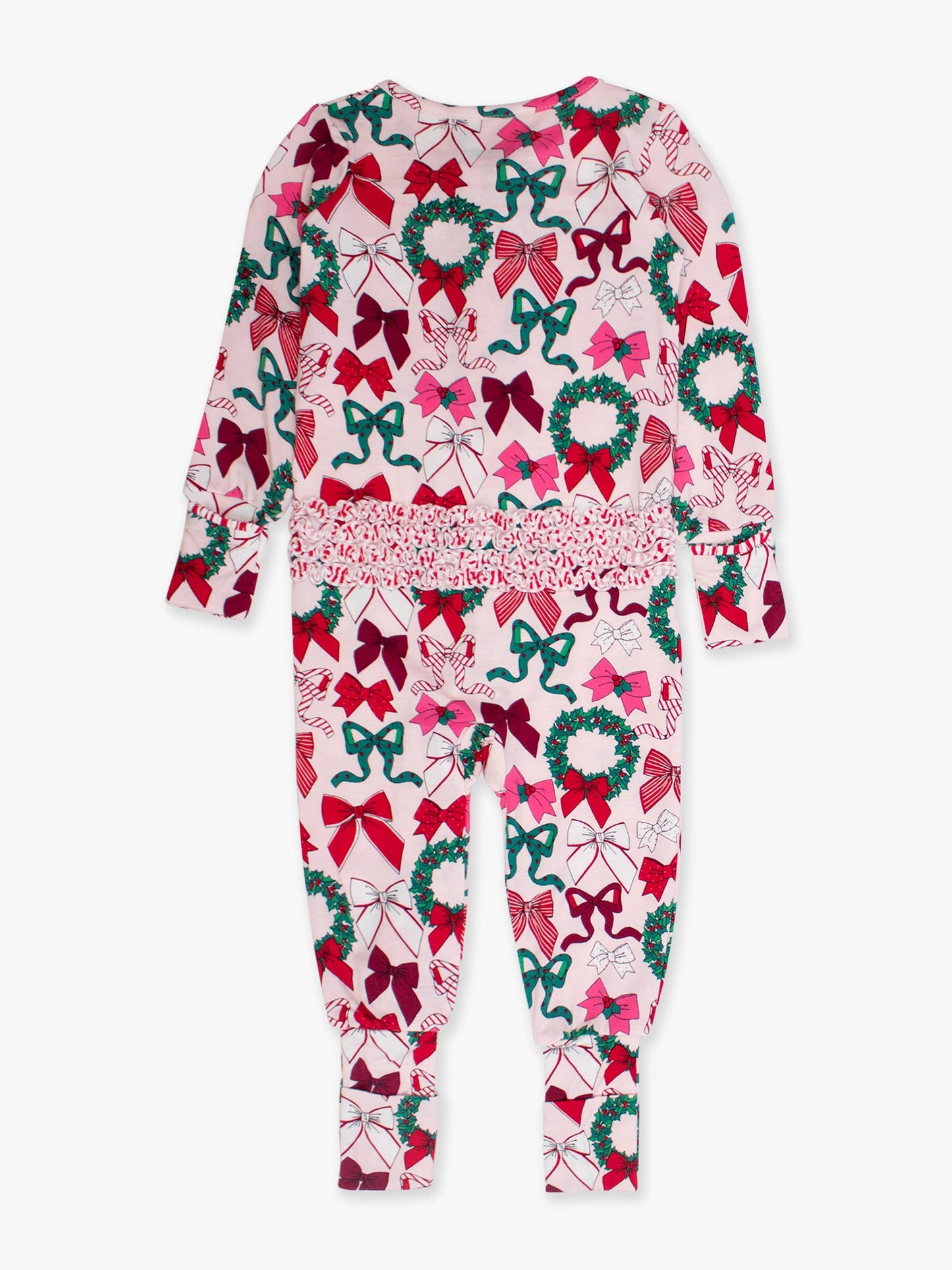 SoftSnooze™ Baby Girls Bamboo Viscose Holly Bows Convertible Ruffle One Piece Footie Pajama