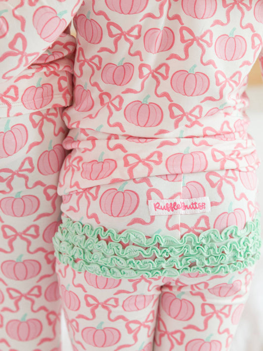 Pink Fairytale Pumpkins Ruffle Long Sleeve Pajama Set with Signature Rear Ruffles