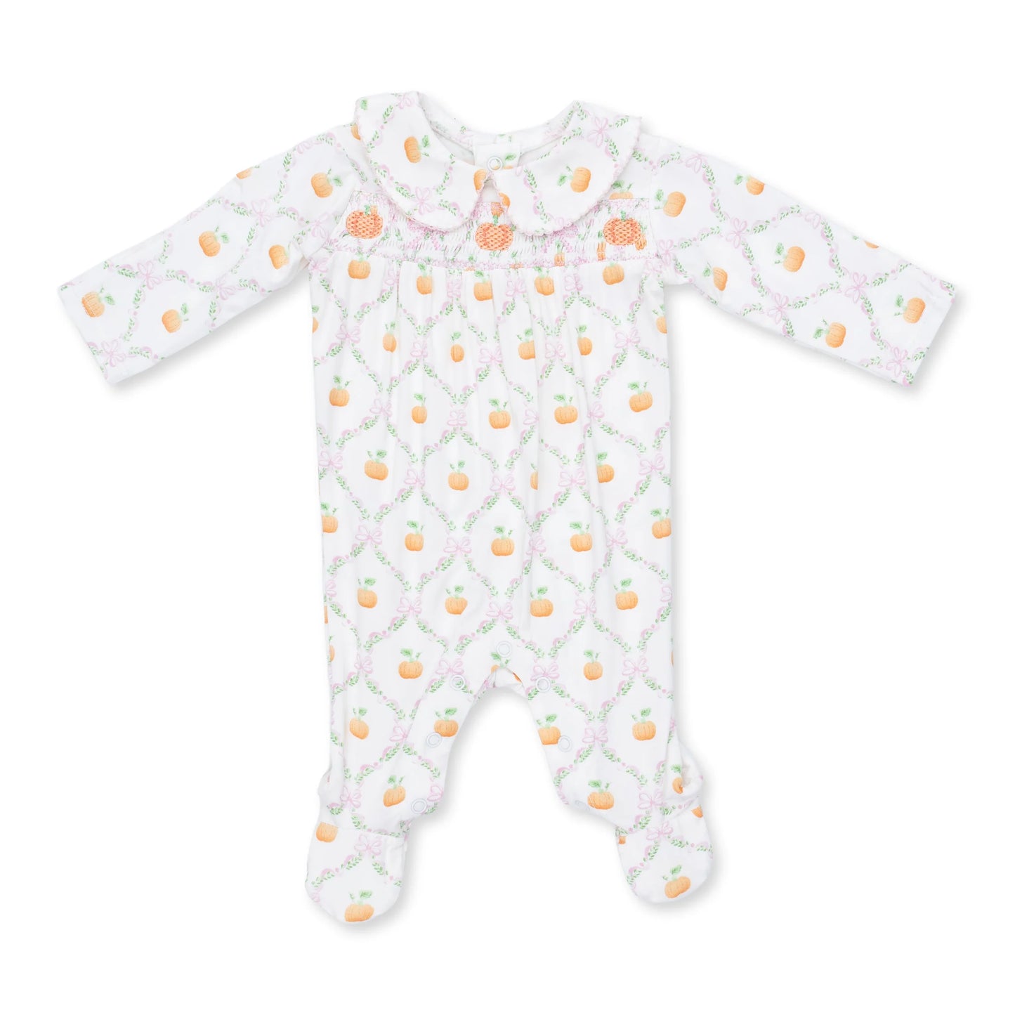 Pretty Pumpkin Trellis- Smocked Peter Pan Snap Footie