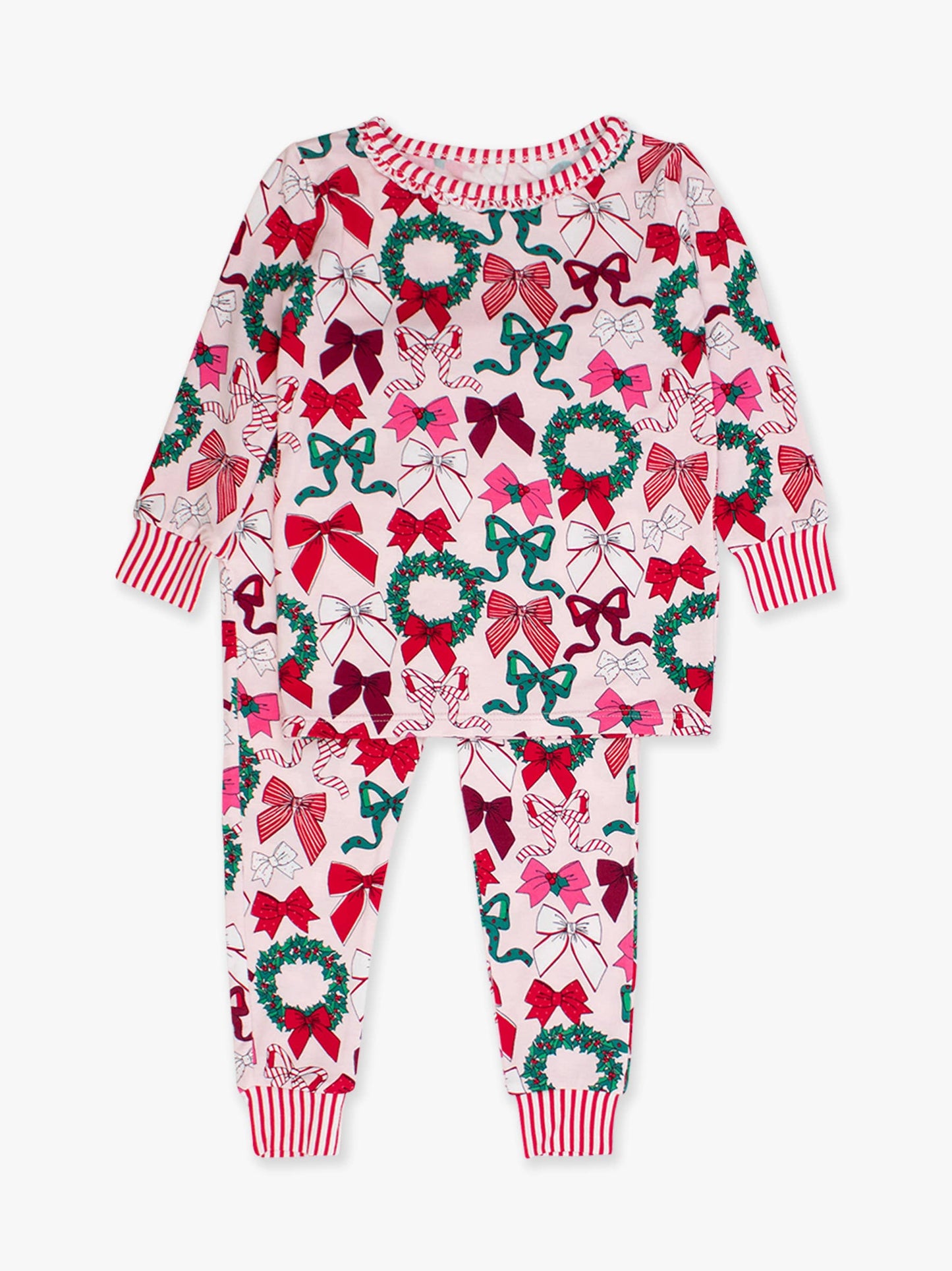 SoftSnooze™ Toddler Girls Bamboo Viscose Holly Bows Ruffle Long Sleeve Pajama Set with Signature Rear Ruffles