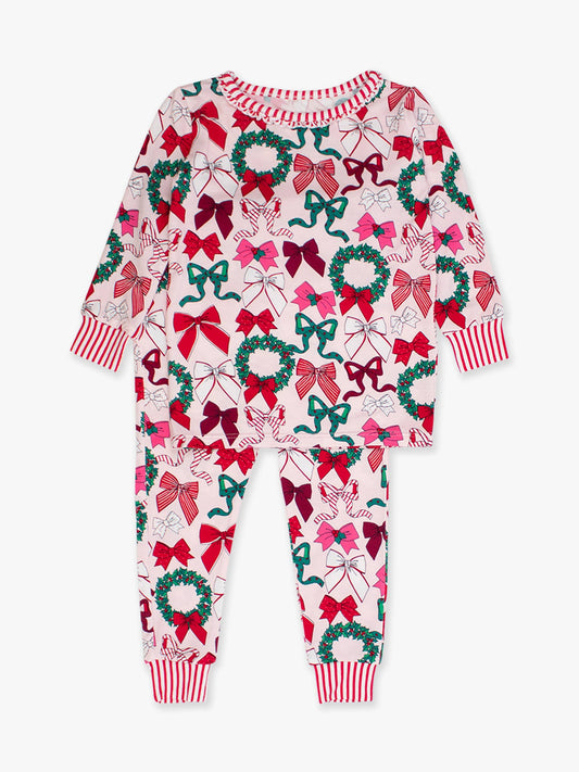SoftSnooze™ Toddler Girls Bamboo Viscose Holly Bows Ruffle Long Sleeve Pajama Set with Signature Rear Ruffles