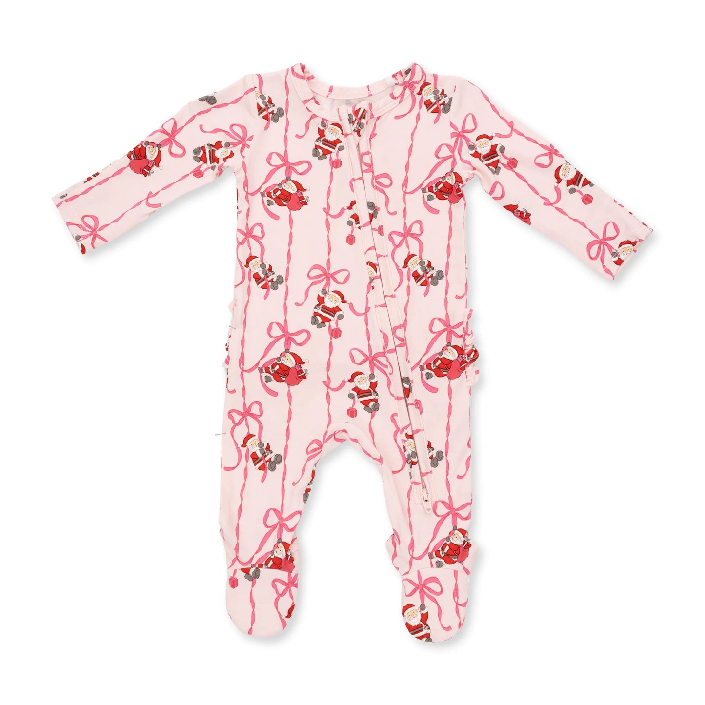Bows & Santa- 2 Way Ruffle Back Zipper Footie