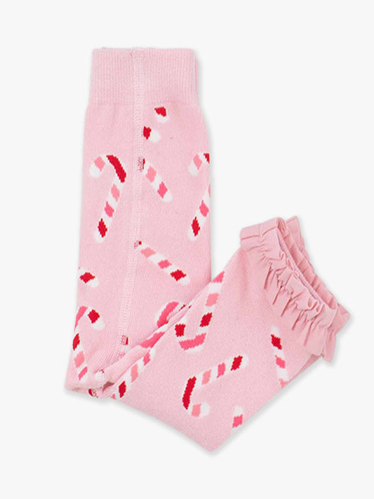 Girls Pink Candy Canes Patterned Footless Ruffle Tights