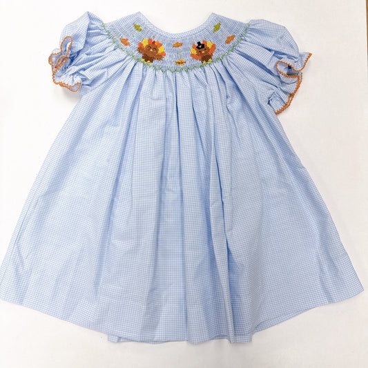 Thanksgiving Turkey Smocked Light Blue Short Sleeve Bishop