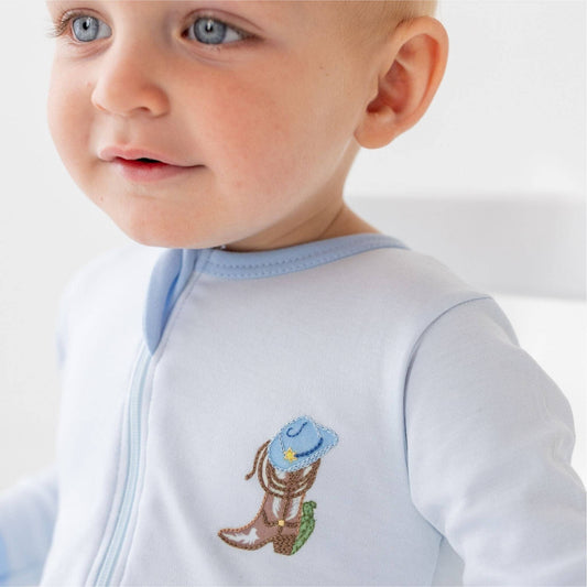 Boots and Blooms Zip Footie - Light Blue