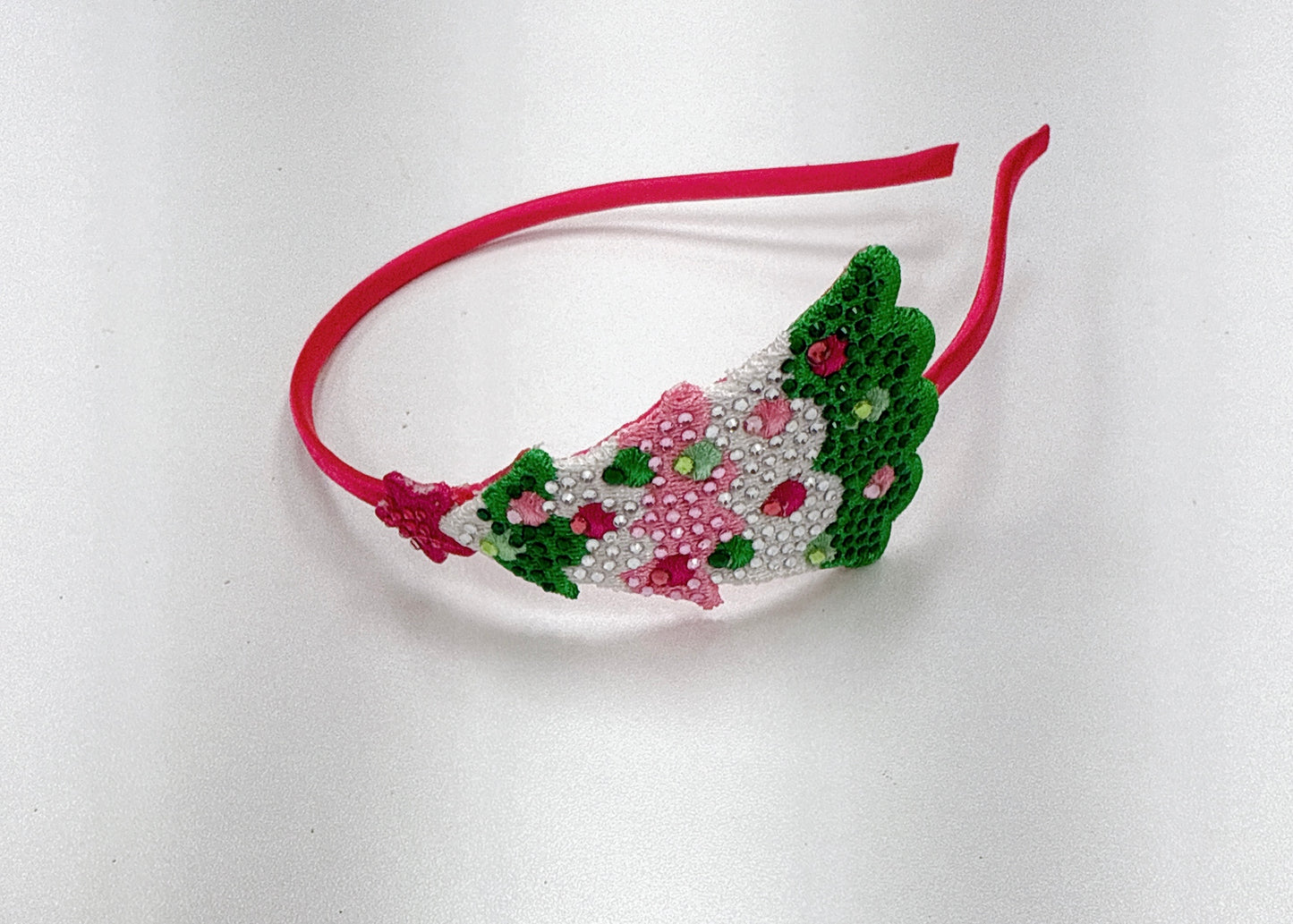 Pink Green Christmas tree Rhinestone Patch Headband