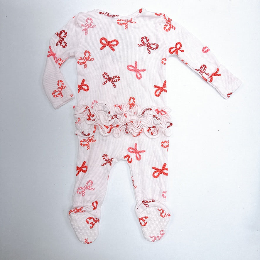 Candy Cane Bows Zipper Ruffle Footie