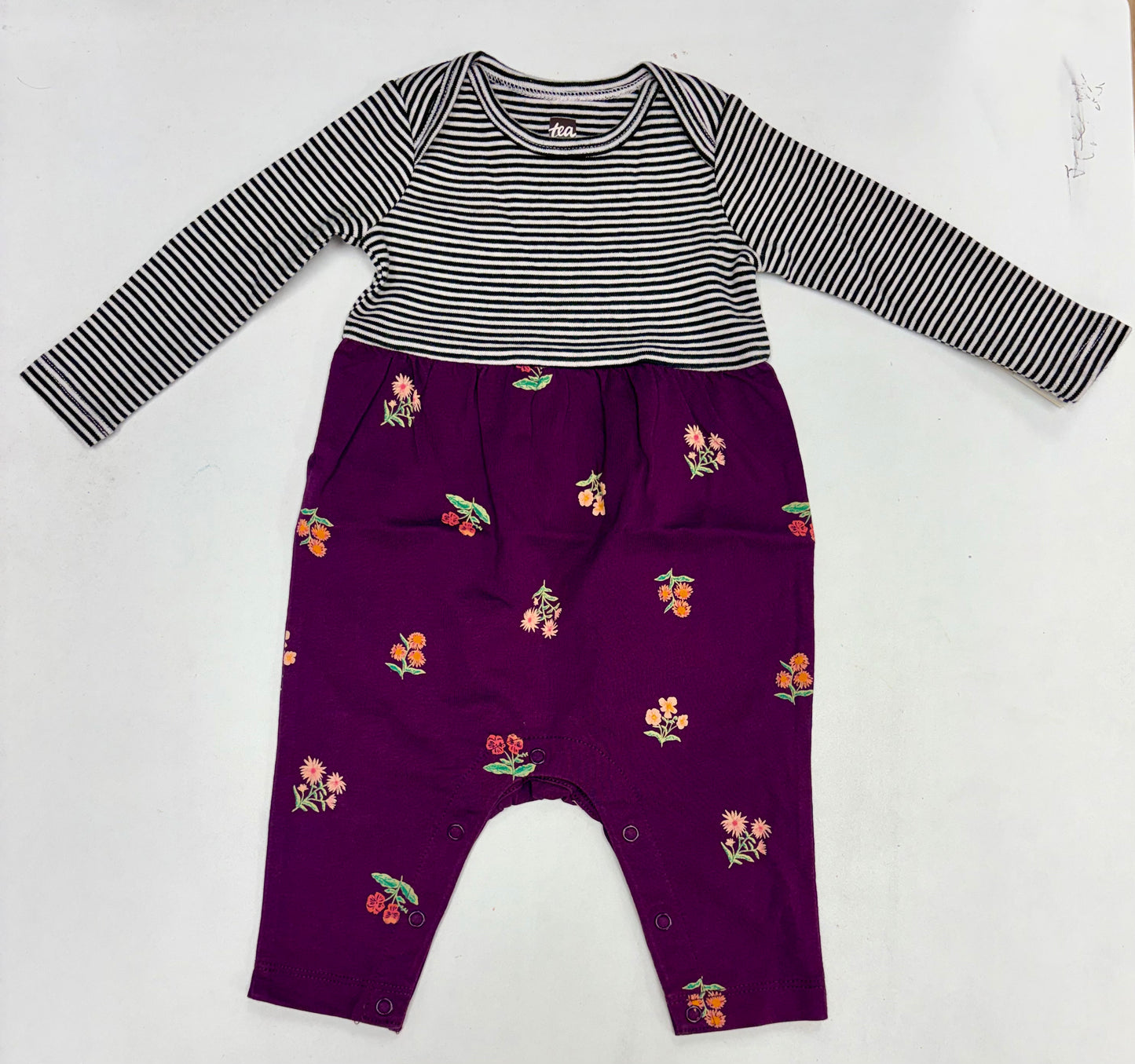Print Mix Baby Romper - Blk/Wht stripe & purple floral