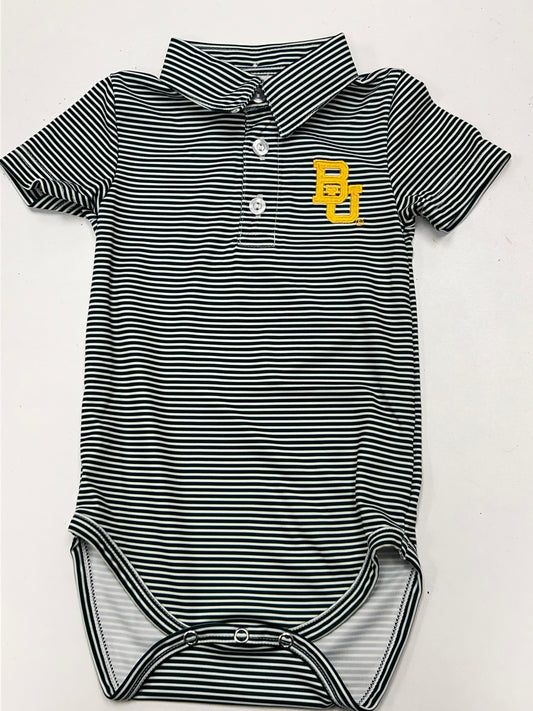 Baylor Bears Embroidered Hunter Green Stripe Polo Onesie