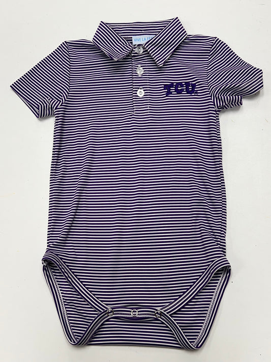 TCU Horned Frogs Embroidered Purple Stripe Knit Polo Onesie