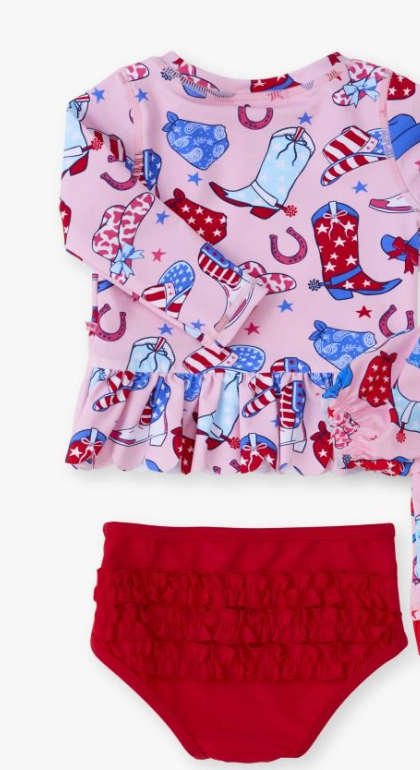 Pink Stars and spurs scallop hem long sleeve rash guard two-piece
