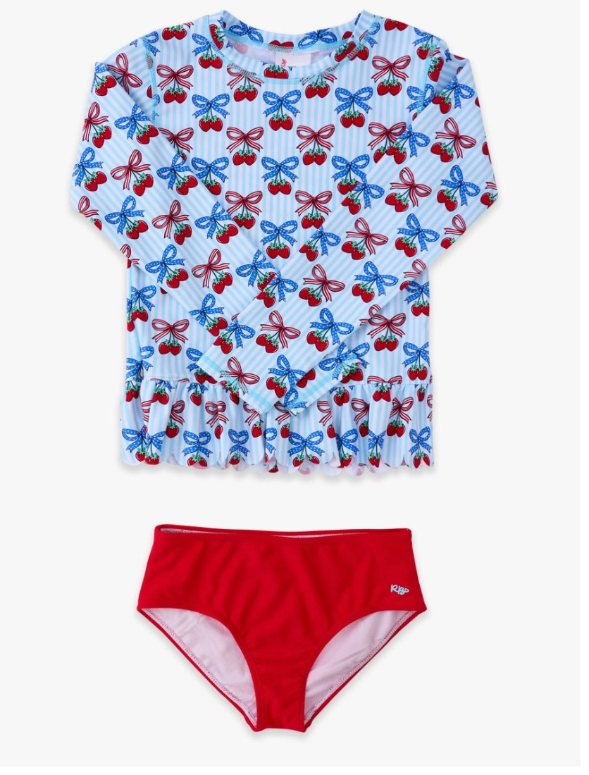 Berries & Bows Scallop Hem Long Sleeve Rash Guard 2-Piece Swimsuit