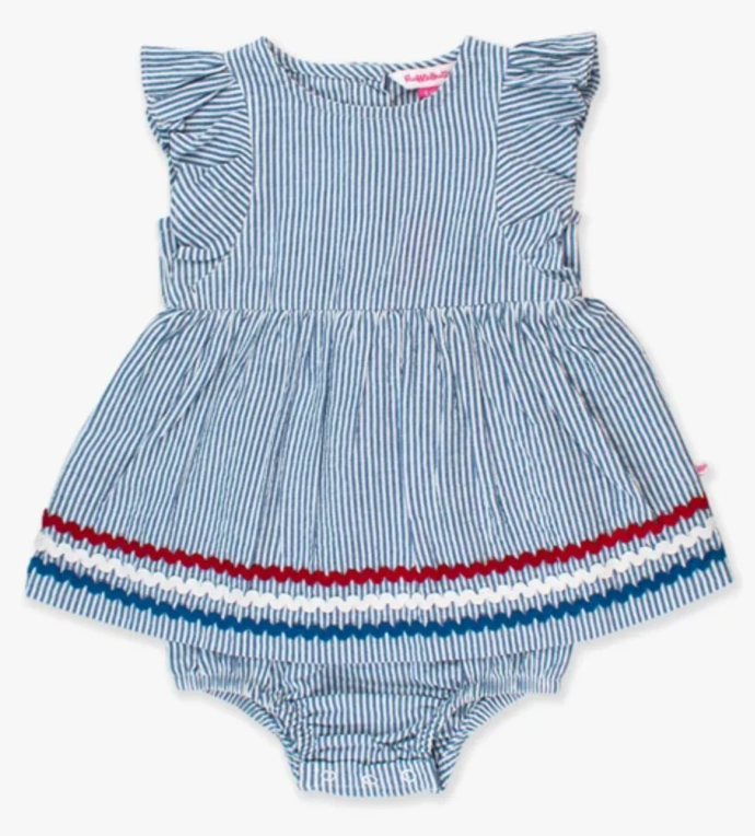classis blue Seersucker Woven Butterfly Sleeve Bow skirted Romper