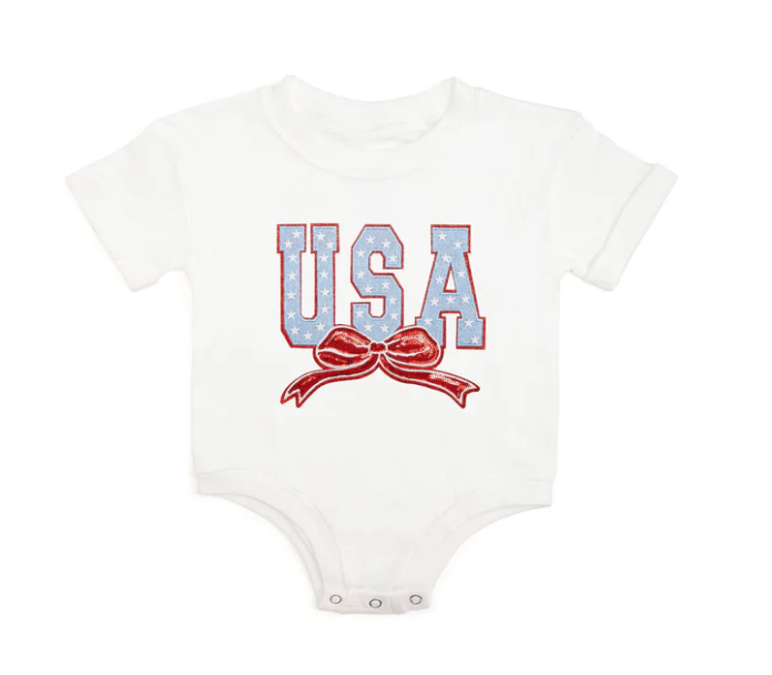 USA Stars & Bow Patch Short Sleeve Romper - White