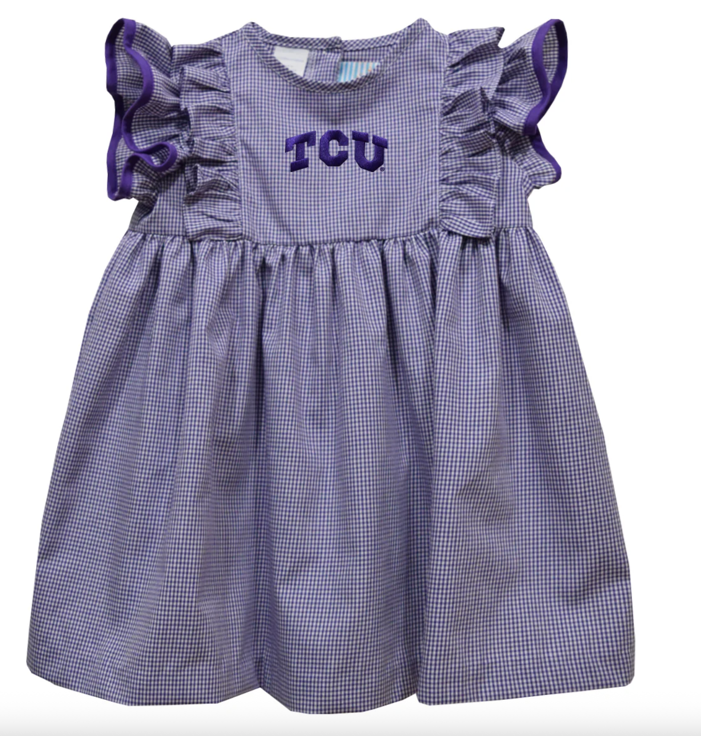 TCU Embroidered Purple Gingham Dress