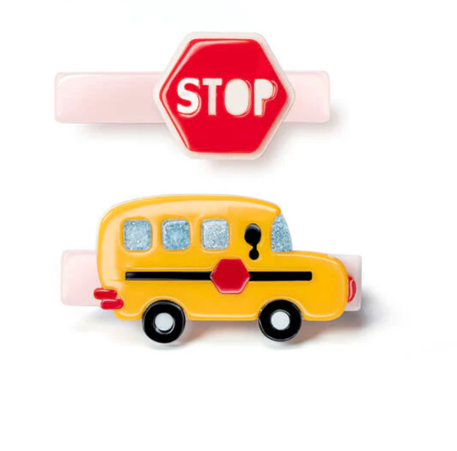 Yellow Bus & Red Stop sign Hair Clips