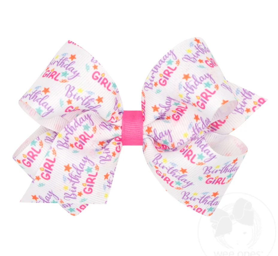 Medium Birthday Girl Print Grosgrain Hair Bow