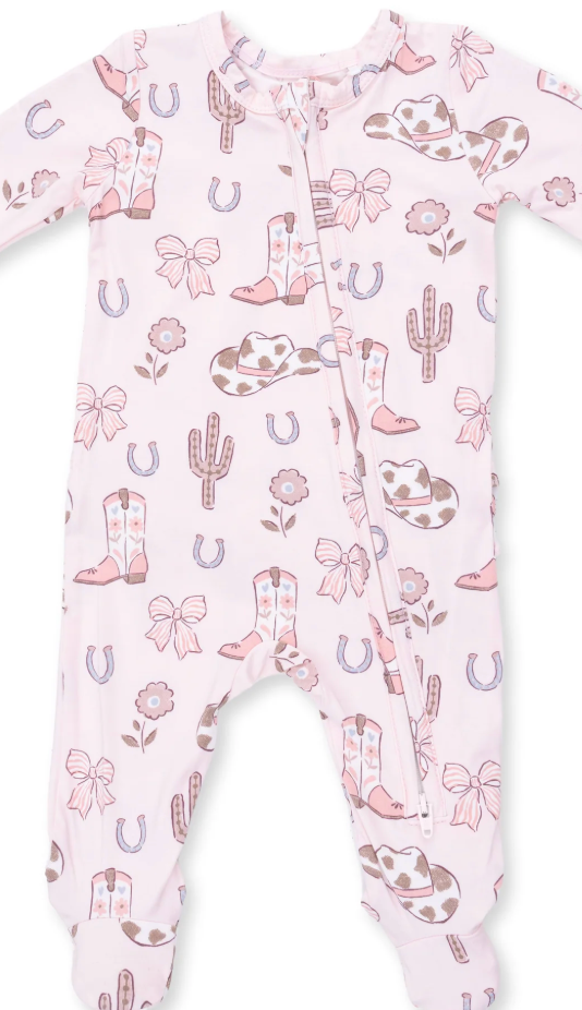 Cowgirl Boots and Bows 2 Way Ruffle Back Zipper Footie