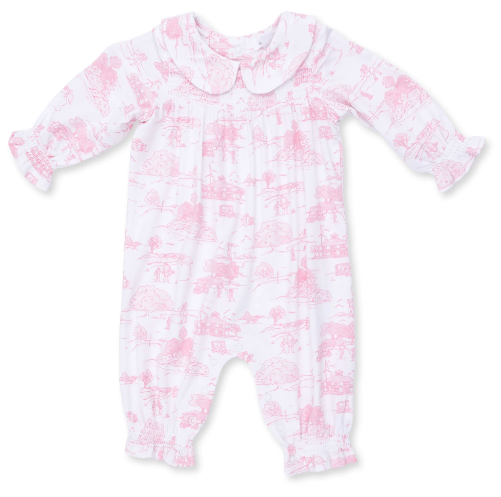 Golf Toile Pink Smocked Long Sleeve Romper