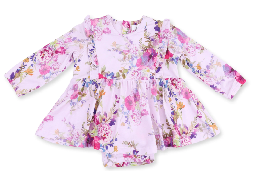 Dahlia Floral Long Sleeve Ruffle Bodysuit Dress