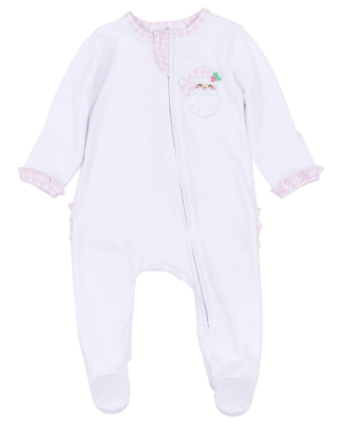 Sweet St Nick Applique Ruffle Zip Footie - Pink