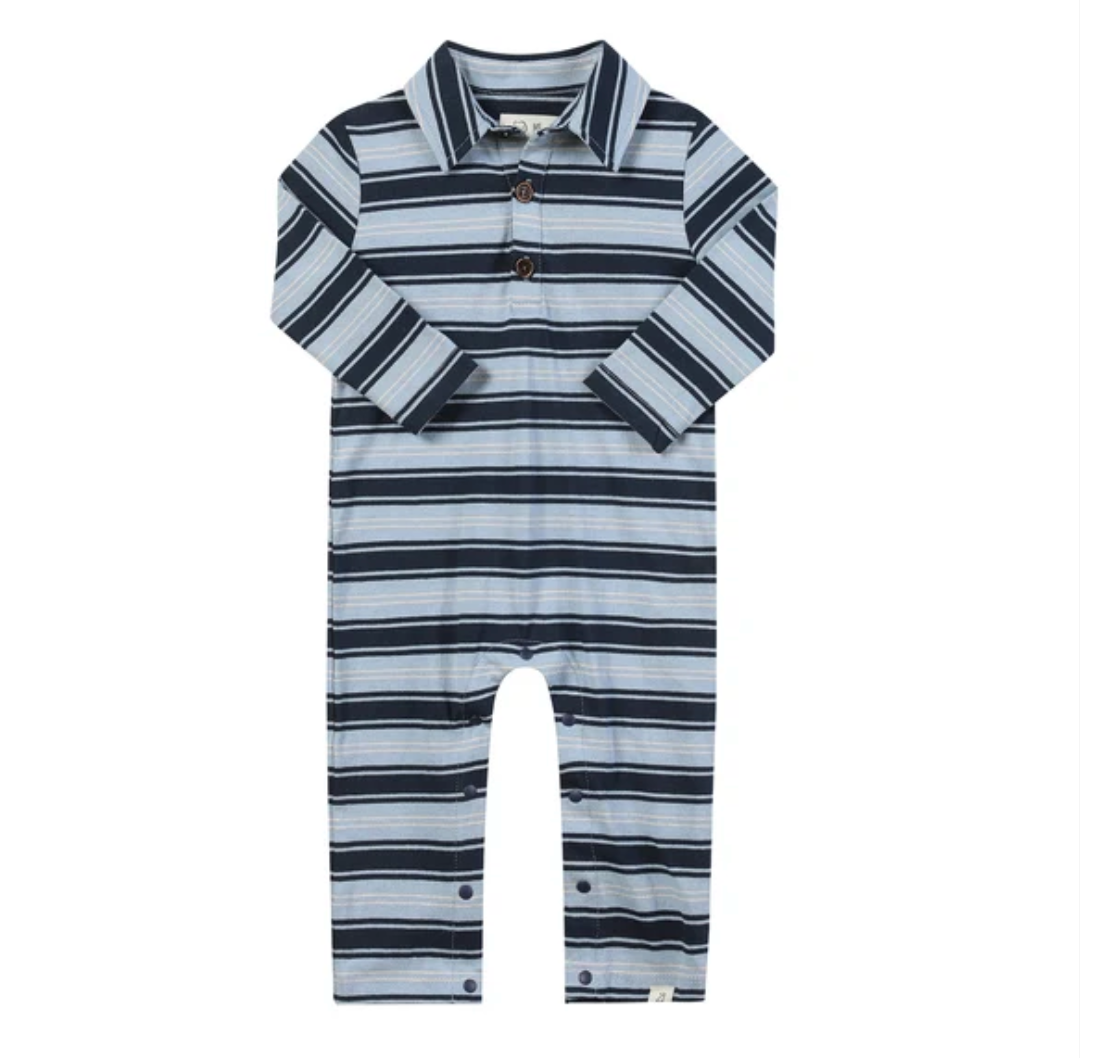 Snuggle Polo Romper - blue/navy stripe