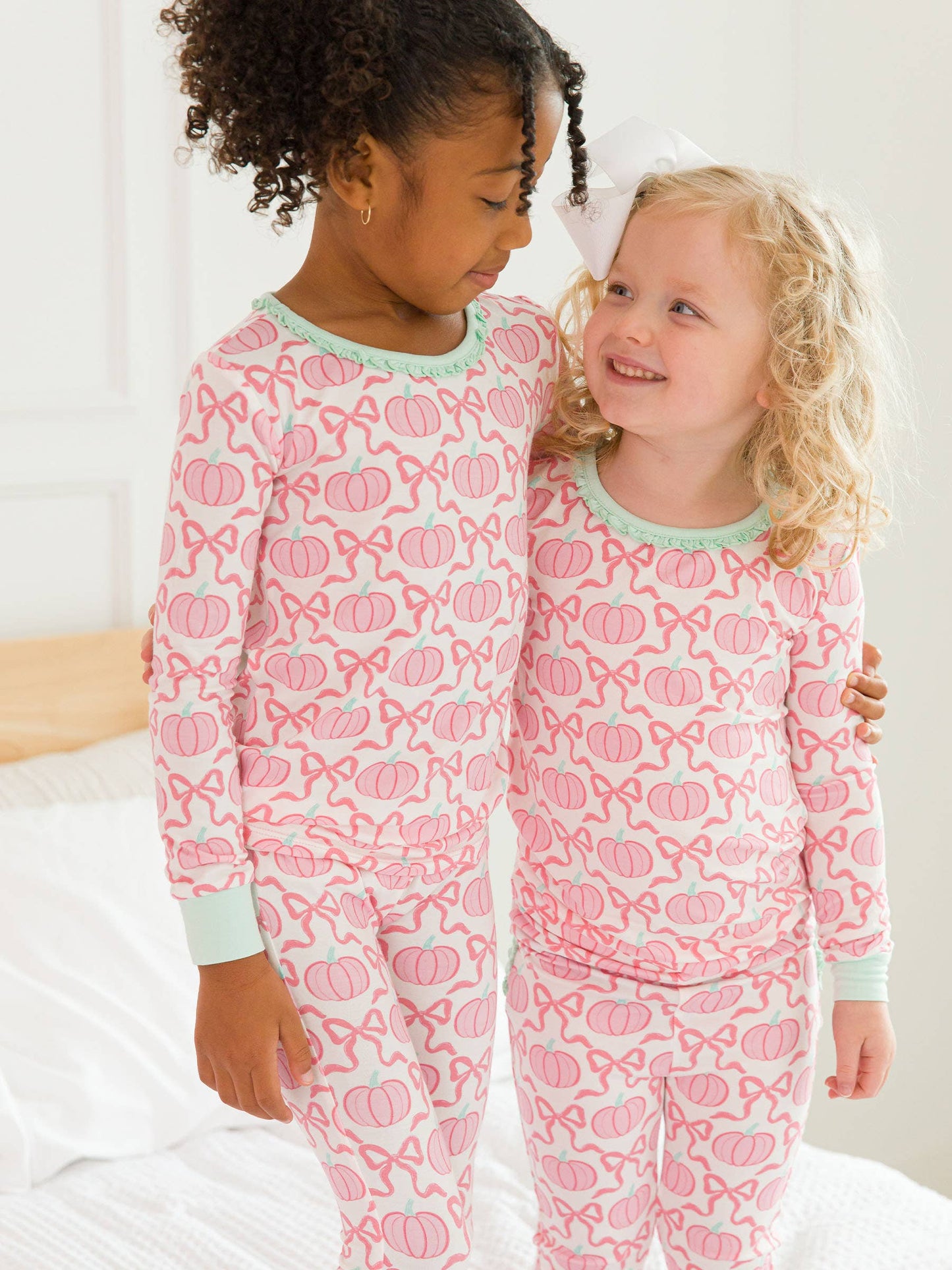 Pink Fairytale Pumpkins Ruffle Long Sleeve Pajama Set with Signature Rear Ruffles