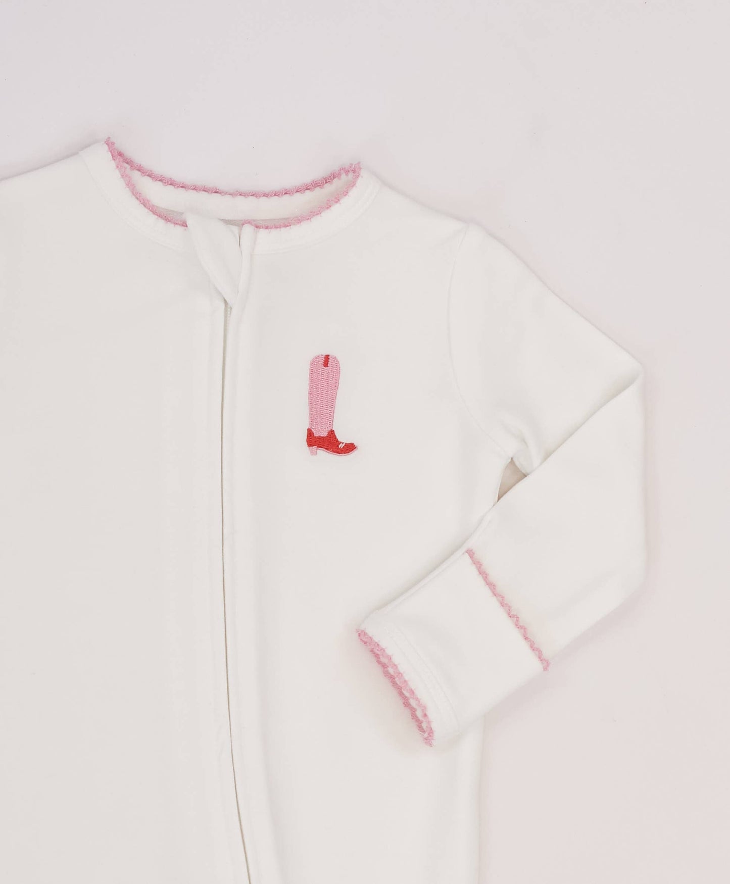 Pip Embroidered Zip Romper -Pink Boot