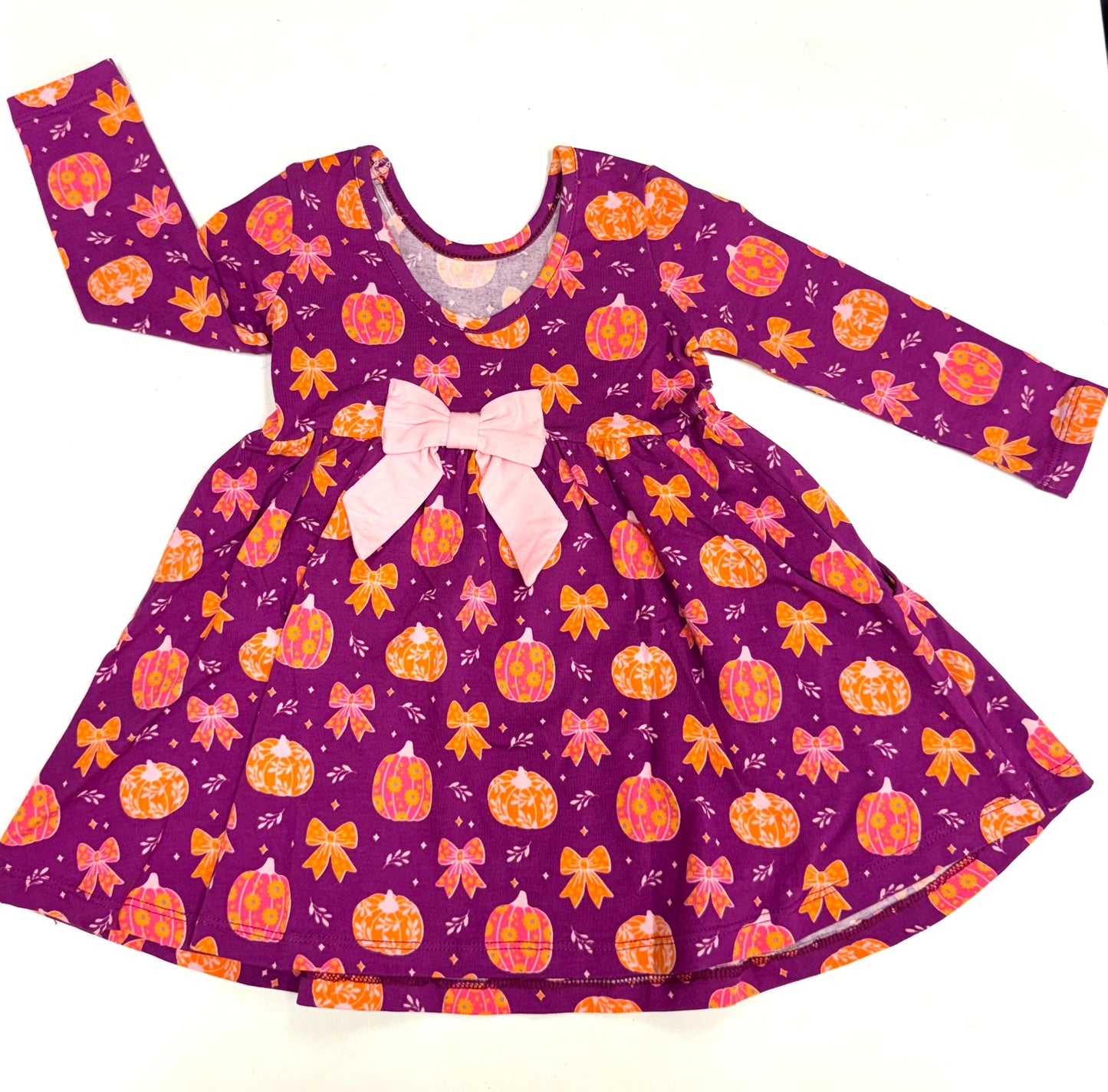 Pumpkin Bow Patch Knit Long Sleeve Twirl Dress