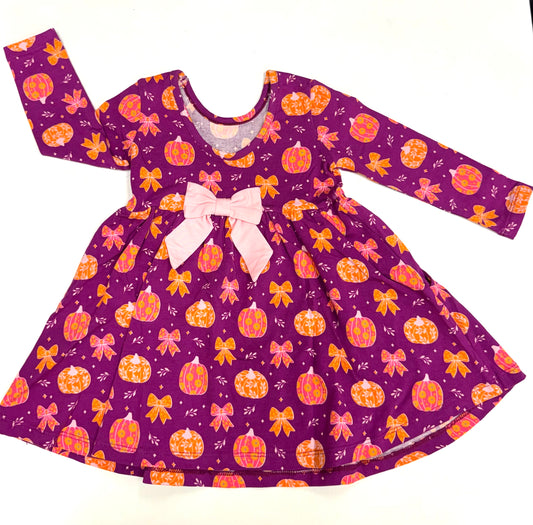 Pumpkin Bow Patch Knit Long Sleeve Twirl Dress