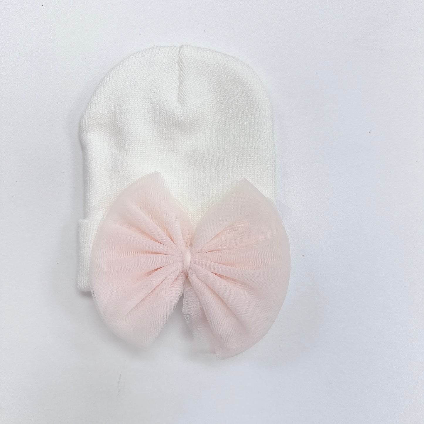 Baby Bow Knit Hat - White with Pink Bow