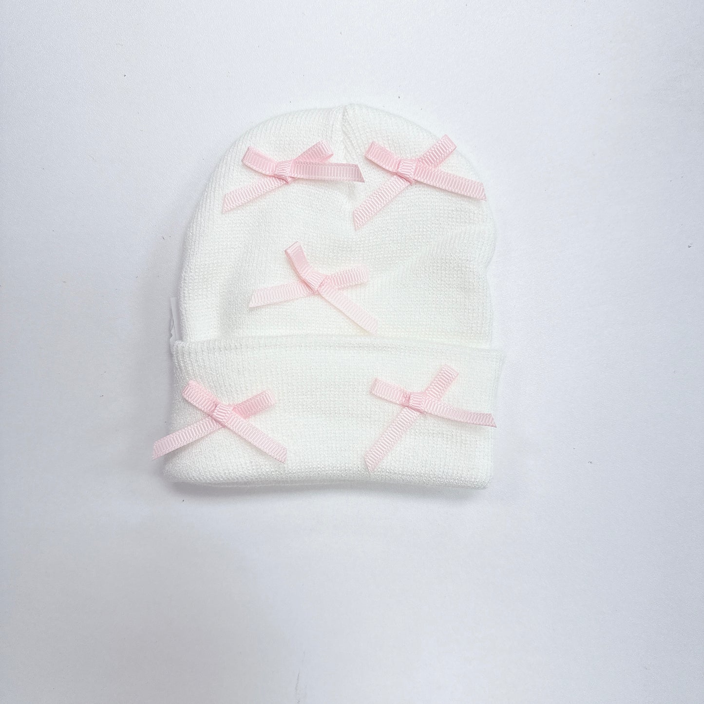 Baby Bow Knit Hat - White with Tiny Pink Bows