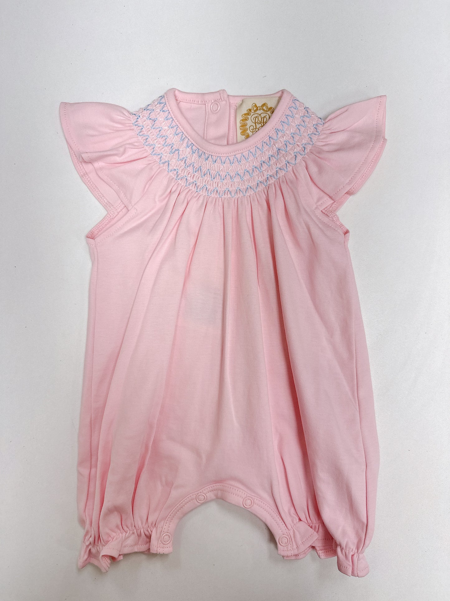 sandy smocked romper- palm beach pink/beale street blue and worth ave white