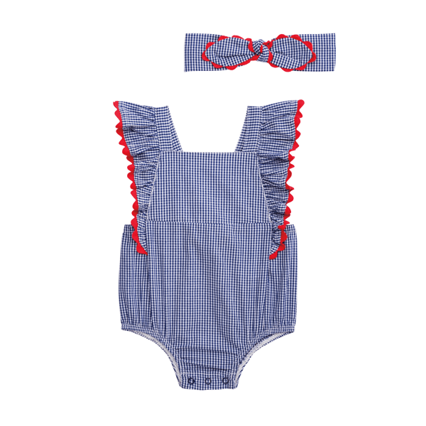 Navy Gingham Ric Rac Bubble Romper & Headband