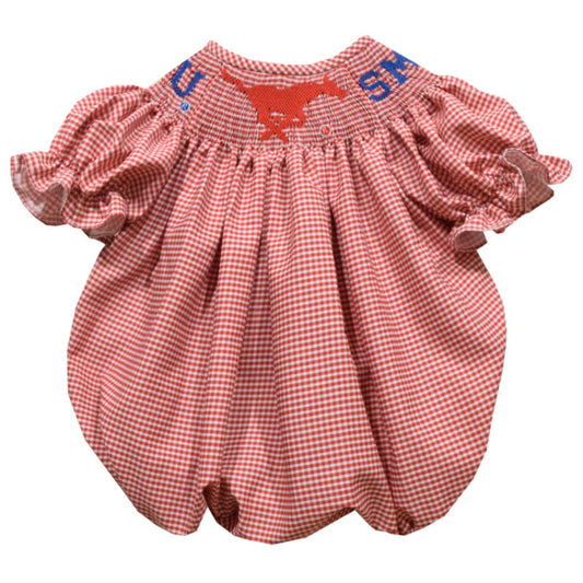 SMU Mustangs Smocked Red Gingham Short Sleeve Girls Bubble