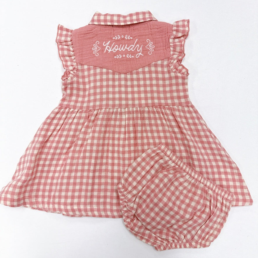 Western Pearl Snap Dress Pink Plaid