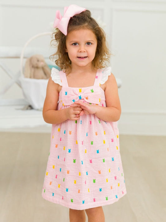 Pink Bunny stripe cotton Gauze Flutter bow dress