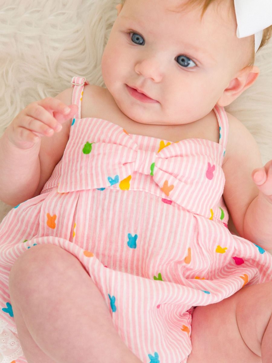 Pink Bunny Stripe Cotton Gauze bow front bubble romper