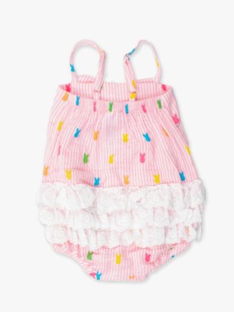 Pink Bunny Stripe Cotton Gauze bow front bubble romper