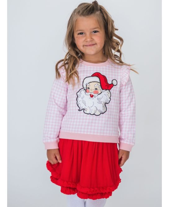 Dear Santa Pink Gingham Applique Flutter Sweatshirt