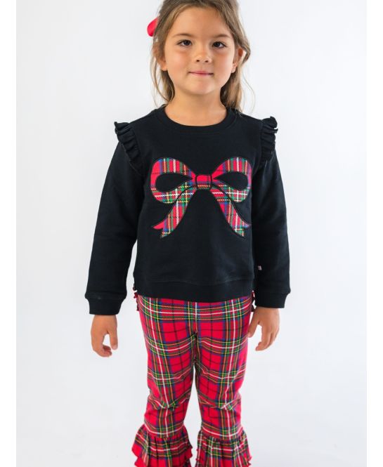 Girls Nicholas Plaid Bow Black Applique Flutter Sweatshirt