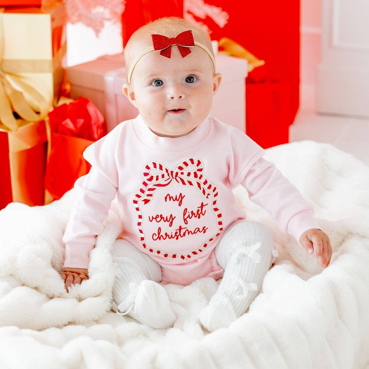 My First Christmas Sequin Bow Patch Long Sleeve Romper -Baby