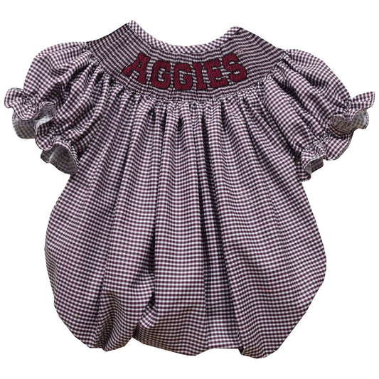 Texas AM Smocked Maroon Gingham Short Sleeve Girls Bubble